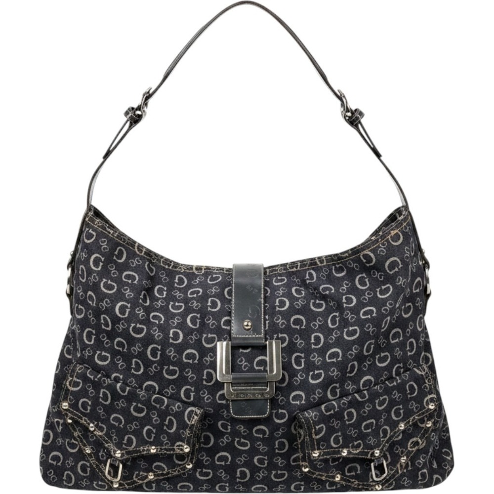 Guess Monogram Denim Shoulder Bag Black Grey Studded Purple Lining Y2K Hobo